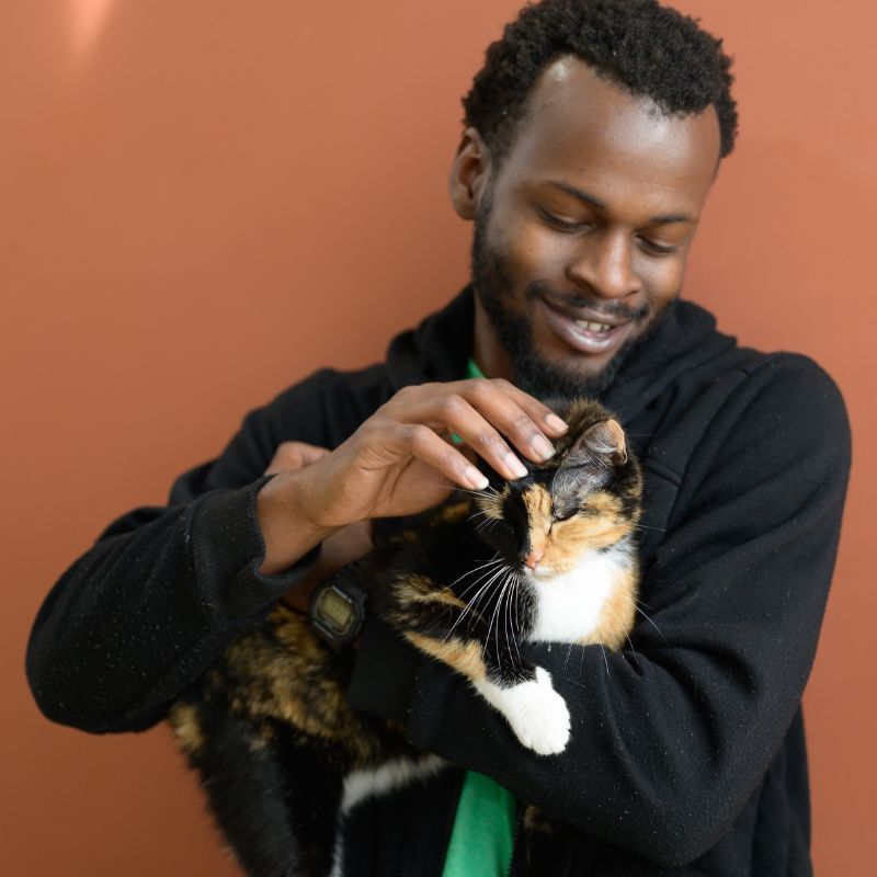 an adult man holds a cat in his arms