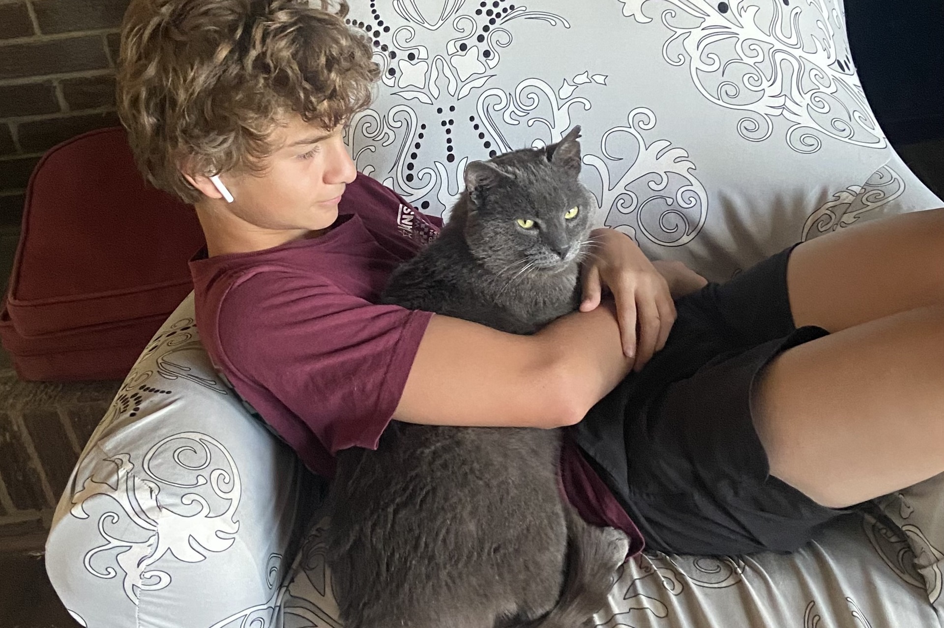 a young man lays on the couch with a gray cat